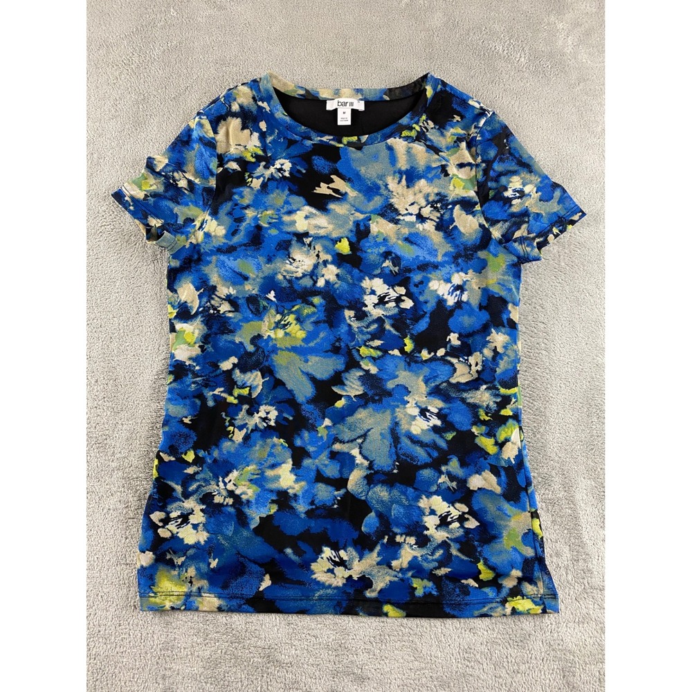 bar III Abstract Floral Print Short Sleeve Crew Neck Top Women's Medium
